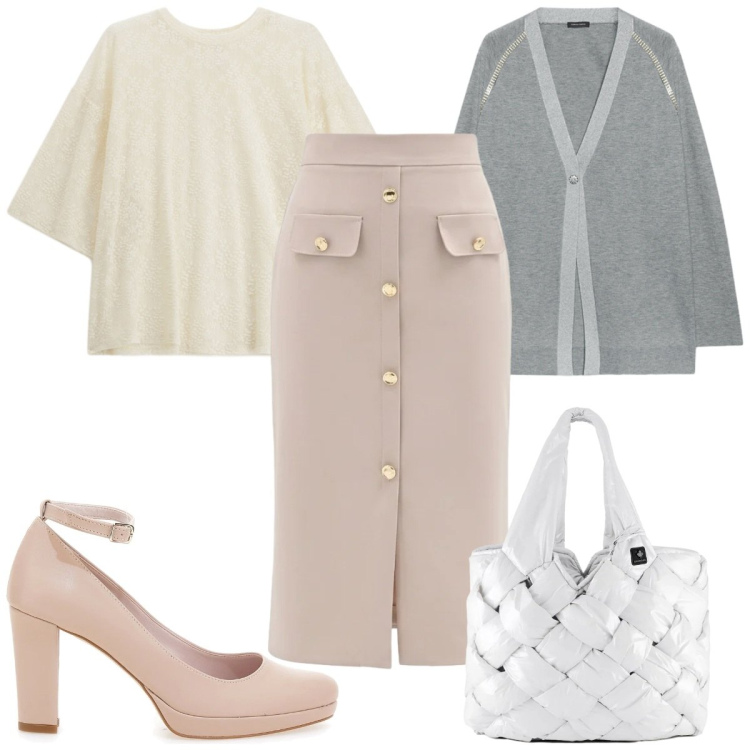 Outfit donna - Gonna midi eleganza e comfort- neutro. Stile Chic per Tutti i giorni. Abbinamento con cardigans, bluse, gonne longuette, borse tote, décolleté.