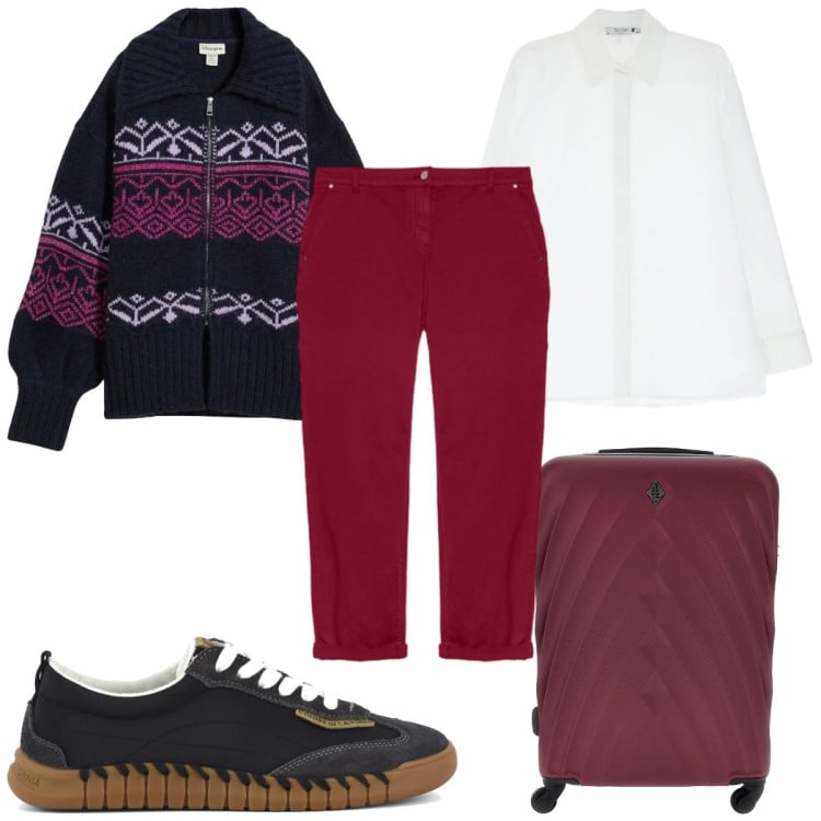 Outfit donna - pantalone protagonista di aprile: chino. Stile Trendy per Tutti i giorni. Abbinamento con cardigans, pantaloni chino, camicie, sneakers, valigie.