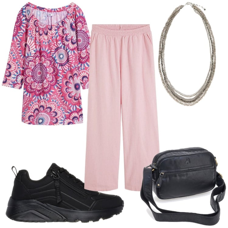Outfit donna - Il pantalone protagonista di aprile: cur. Stile Trendy per Tutti i giorni. Abbinamento con maglieria, pantaloni a palazzo, collane, borse a tracolla, sneakers.