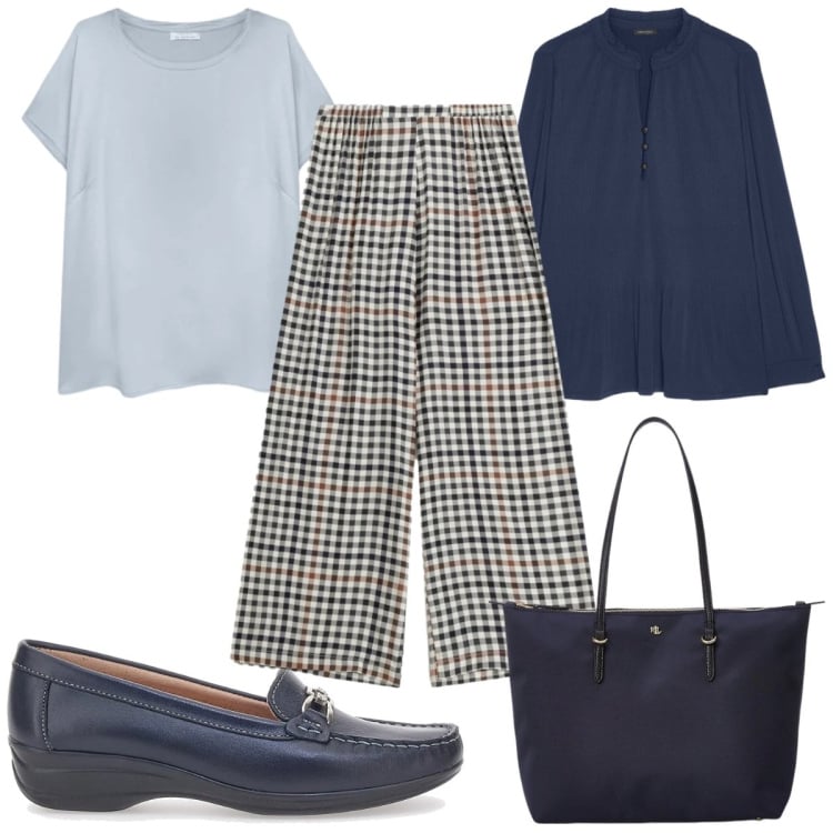 Outfit donna - Il ritorno del grigio in primavera- e bl. Stile Mannish per Ufficio. Abbinamento con bluse, t-shirt, pantaloni a palazzo, borse tote, mocassini.
