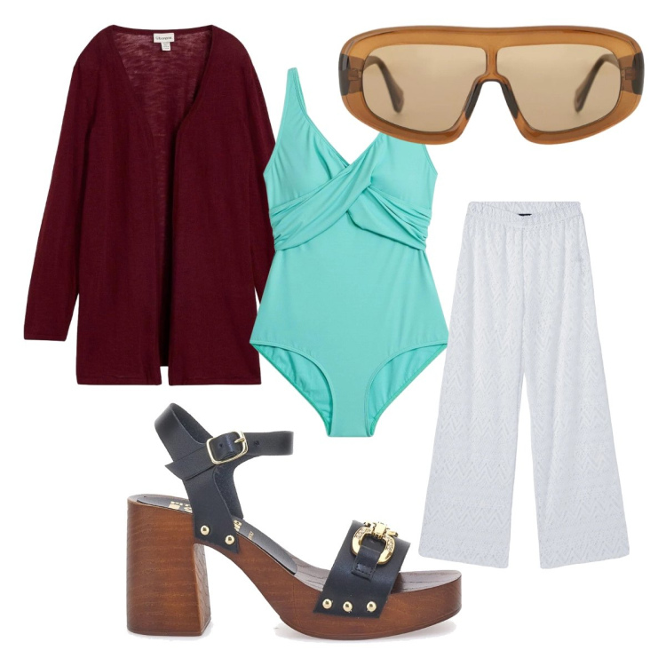 Outfit donna - verde che illumina. Stile Basic per Mare. Abbinamento con cardigans, costumi interi, occhiali da sole, pantaloni, sandali col tacco.