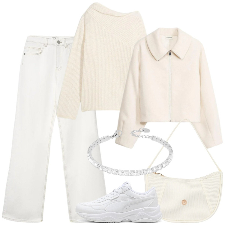 Outfit donna - Light as cloud. Stile Casual chic per Tutti i giorni. Abbinamento con maglieria, blazer, jeans, borse a mano, braccialetti, sneakers.