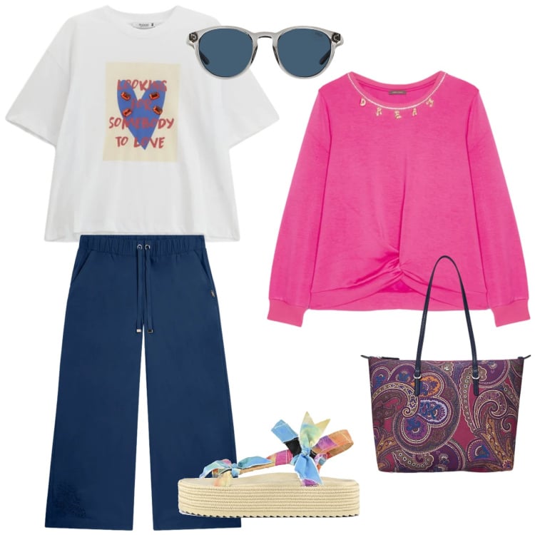 Outfit donna - Primavera pazzerella. Stile Casual chic per Tutti i giorni. Abbinamento con felpe, t-shirt, pantaloni, occhiali da sole, borse tote, sandali.