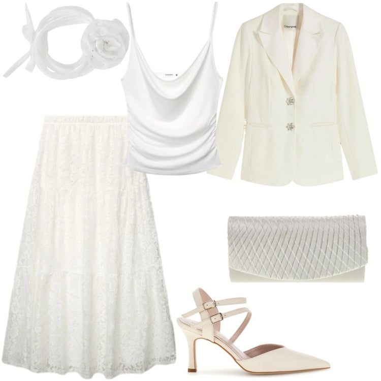 Outfit donna - Light as Cloud. Stile Romantica per Cerimonia. Abbinamento con blazer, gonne lunghe, collane, canottiere, pochette, décolleté.