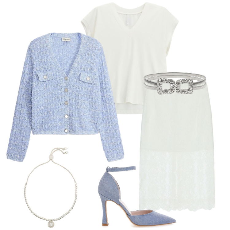 Outfit donna - Light as Cloud. Stile Chic per Serata fuori. Abbinamento con cardigans, gonne longuette, top, cinture, braccialetti, décolleté.