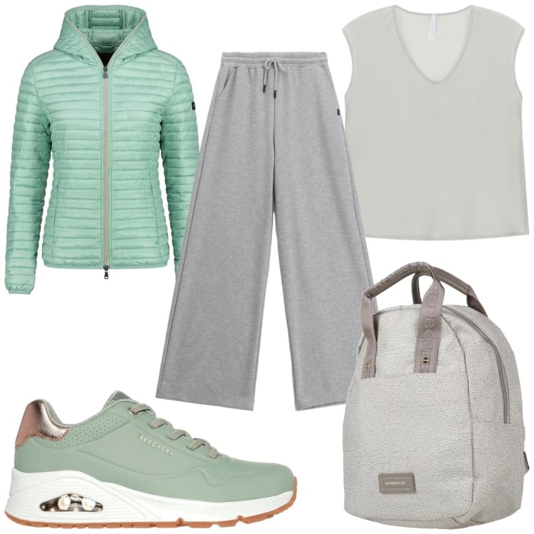 Outfit donna - Il ritorno del grigio in primavera: past. Stile Trendy per Tutti i giorni. Abbinamento con zaini, pantaloni, canottiere, piumini, sneakers.