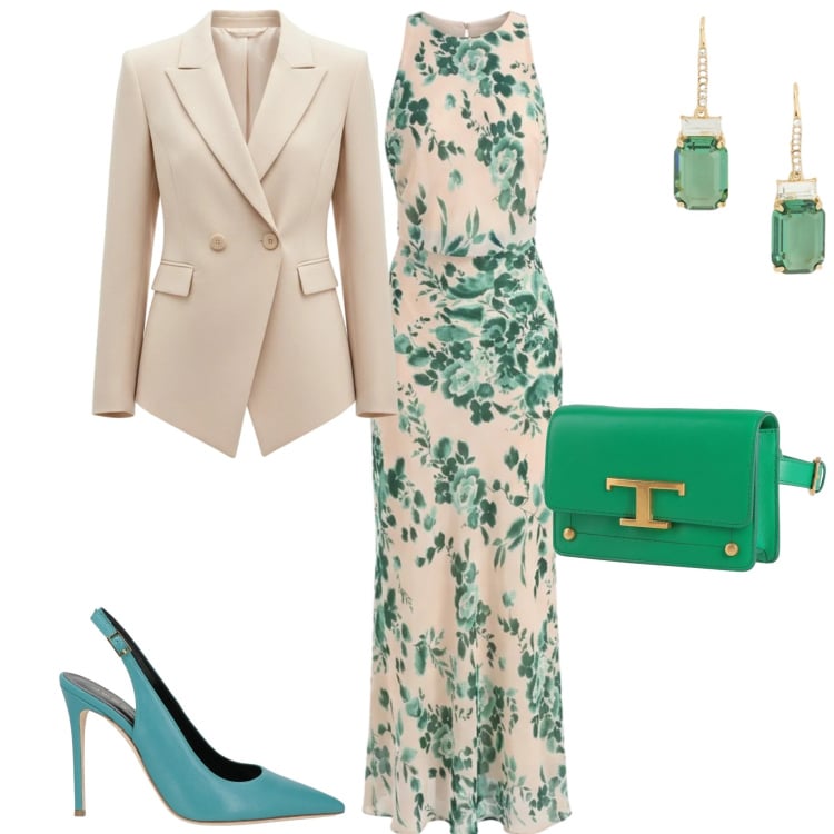 Outfit donna - Colori che illuminano. Stile Chic per Cerimonia. Abbinamento con marsupi, décolleté, vestiti lunghi, blazer, orecchini.