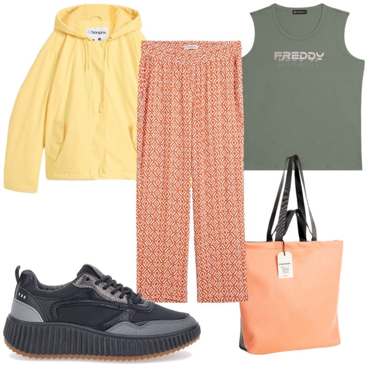 Outfit donna - Colori che illuminano - arancione. Stile Basic per Tutti i giorni. Abbinamento con pantaloni, blazer, borse tote, canottiere, sneakers.