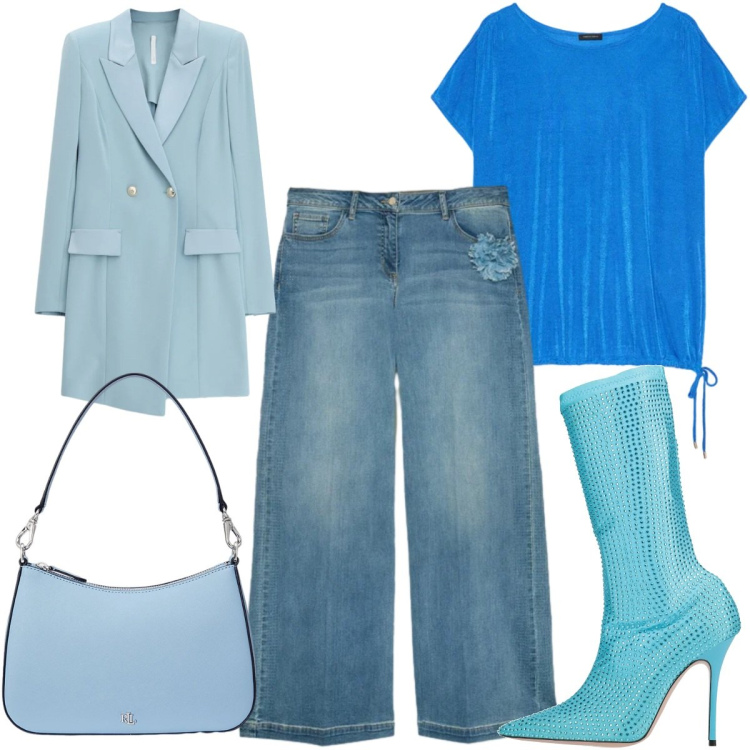 Outfit donna - Colori che illuminano -azzurro. Stile Casual per Tutti i giorni. Abbinamento con stivali, jeans, t-shirt, vestiti corti, borse a spalla.