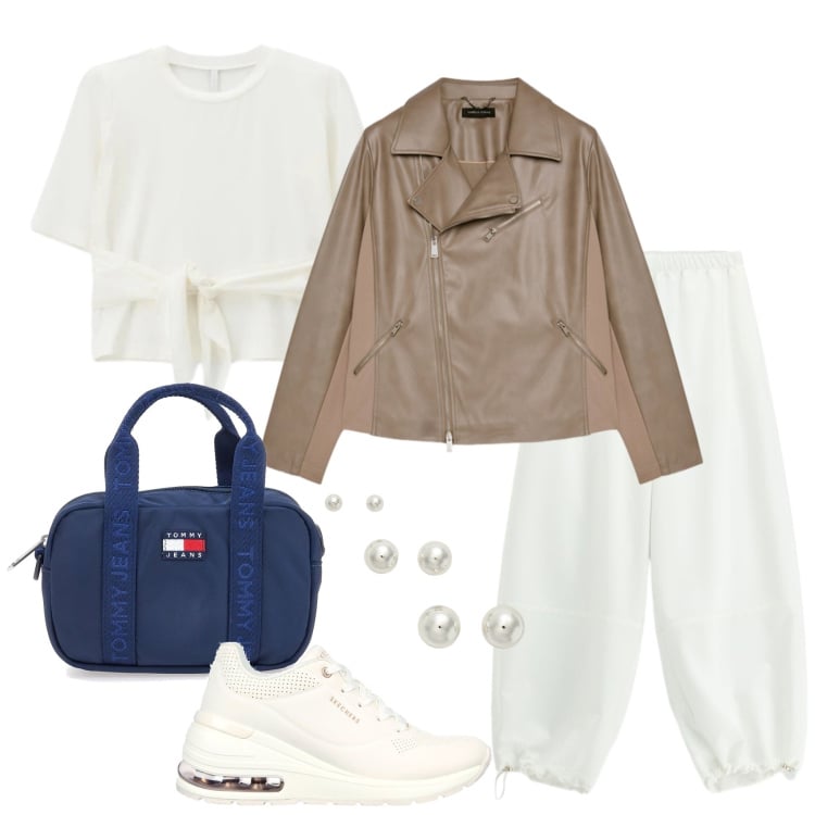 Outfit donna - Aprile. Stile Trendy per Tutti i giorni. Abbinamento con blazer, t-shirt, pantaloni, orecchini, sneakers alte, borse a tracolla.