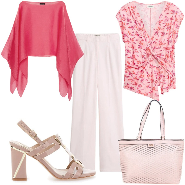 Outfit donna - Colori che illuminano - la cerimonia. Stile Chic per Cerimonia. Abbinamento con pantaloni, top, bolero, borse a spalla, sandali col tacco.