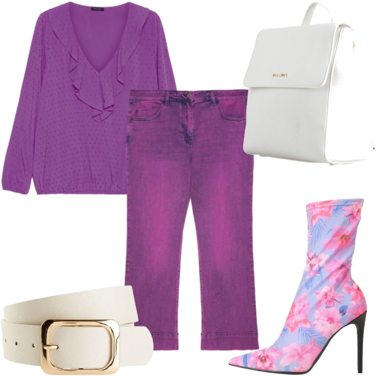 Outfit donna - Colori che illuminano - viola. Stile Trendy per Tutti i giorni. Abbinamento con zaini, stivaletti, cinture, bluse, jeans.