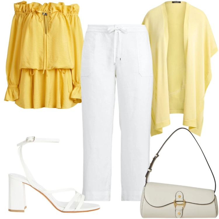 Outfit donna - Colori che illuminano - giallo. Stile Trendy per Tutti i giorni. Abbinamento con sandali in pelle, pantaloni, vestiti, borse a spalla, cappe.