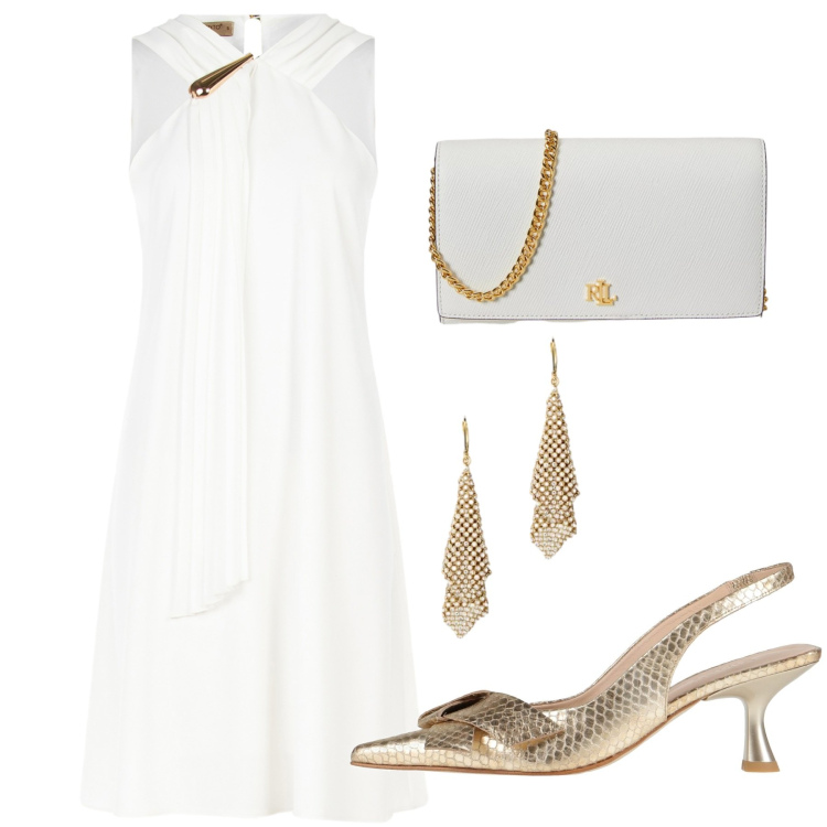 Outfit donna - Bianco con dettaglio. Stile Chic per Cerimonia. Abbinamento con décolleté, vestiti corti, orecchini, borse a tracolla.