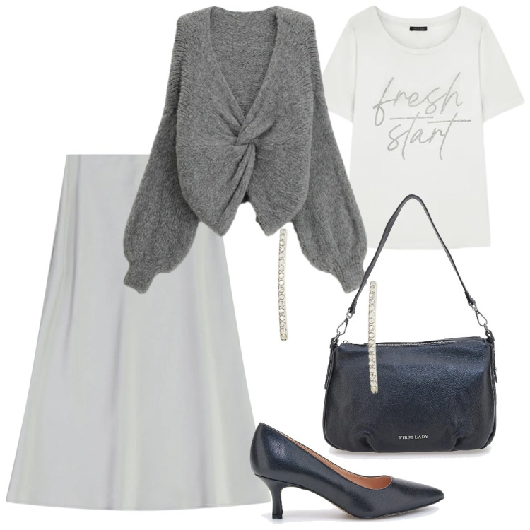 Outfit donna - Gonna midi eleganza e confort. Stile Casual chic per Ufficio. Abbinamento con t-shirt, cardigans, gonne longuette, orecchini, décolleté, borse a spalla.