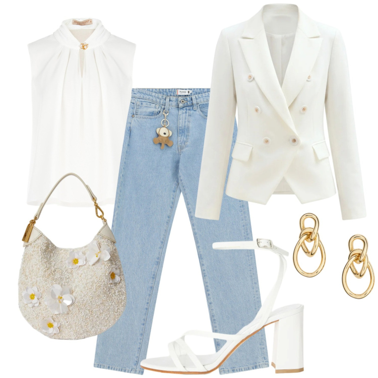 Outfit donna - Bianco sporty chic. Stile Sporty chic per Serata fuori. Abbinamento con sandali in pelle, top, blazer, jeans dritti, orecchini, pochette.