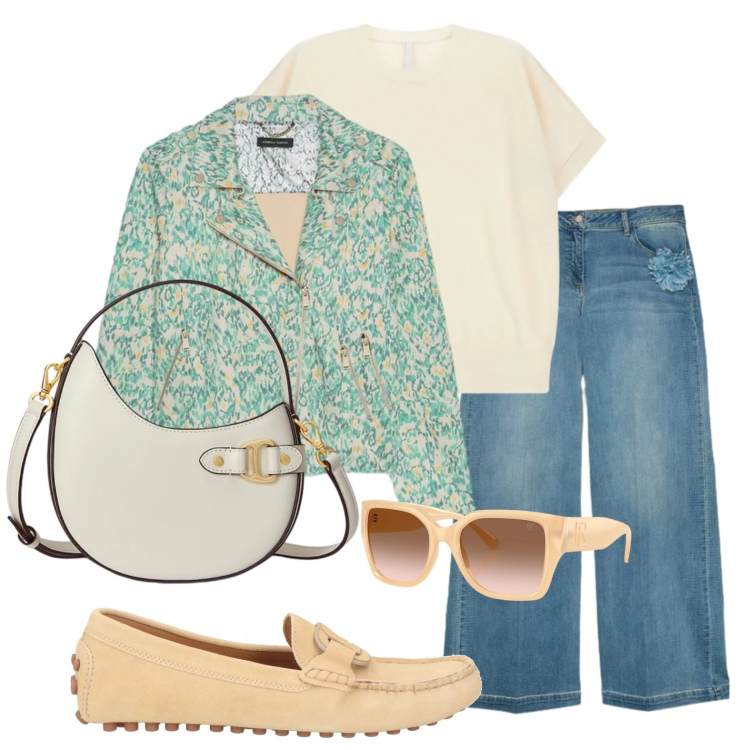 Outfit donna - Pasquetta Curvy style. Stile Casual chic per Tutti i giorni. Abbinamento con mocassini, blazer, jeans, t-shirt, occhiali da sole, borse a tracolla.