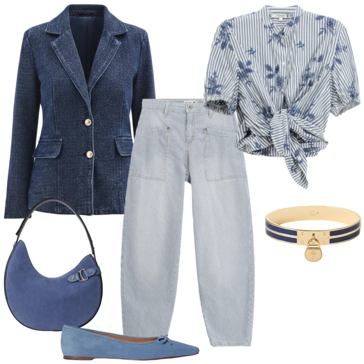Outfit donna - Casual-cool. Stile Casual per Tutti i giorni. Abbinamento con blazer, jeans, camicie a manica corta, ballerine, borse a spalla, braccialetti con ciondoli.