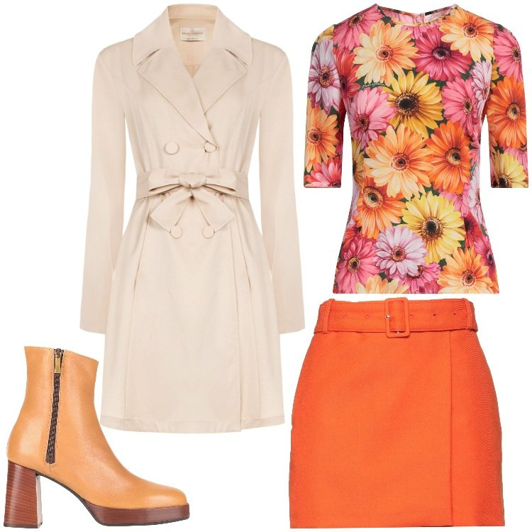 Outfit donna - Fiori e colori. Stile Chic per Serata fuori. Abbinamento con stivaletti, minigonne, top, trench.