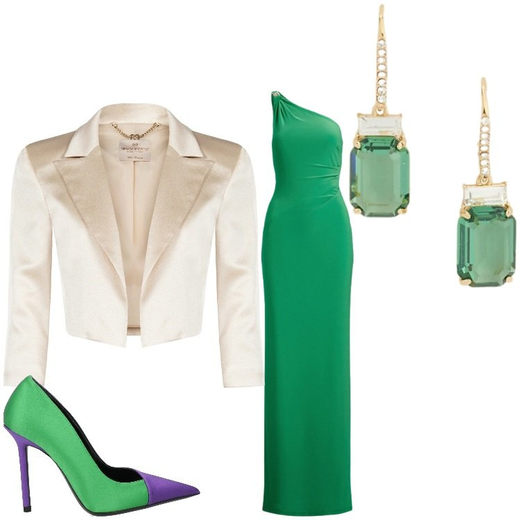 Outfit donna - Serata di gala. Stile Chic per Serata fuori. Abbinamento con décolleté, bolero, vestiti asimmetrici, orecchini.