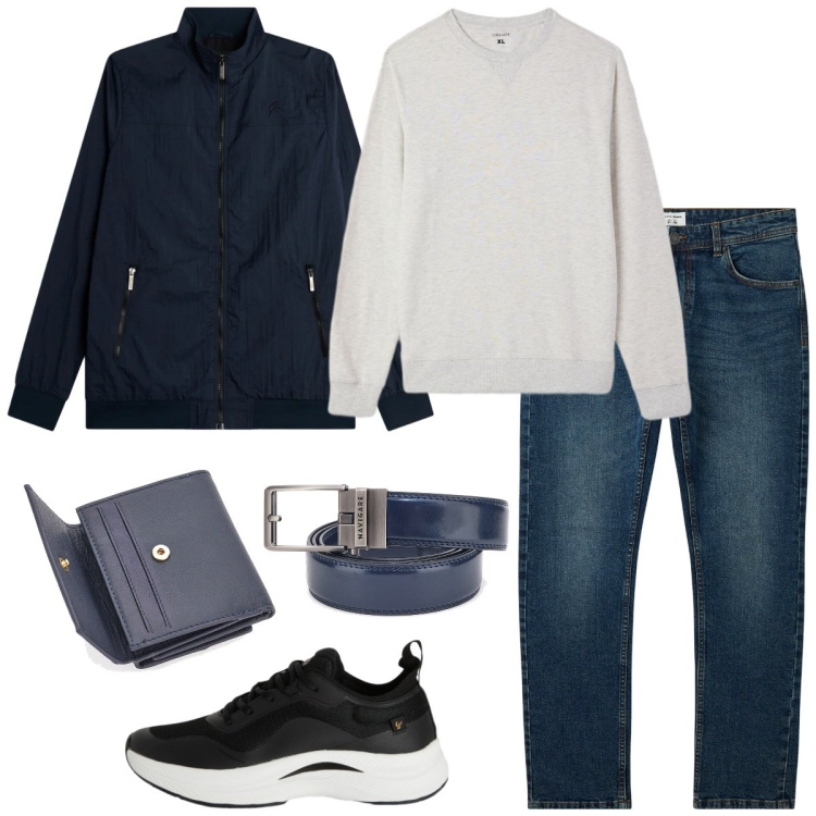 Outfit uomo - Giacca leggera di stagione. Stile Casual per Tutti i giorni. Abbinamento con sneakers, giacche, jeans, portafogli, felpe, cinture.