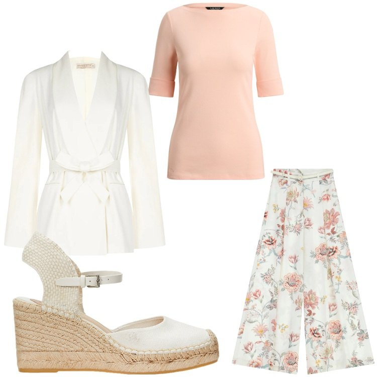 Outfit donna - Boho spring. Stile Boho per Serata fuori. Abbinamento con pantaloni a palazzo, blazer, espadrillas, t-shirt.