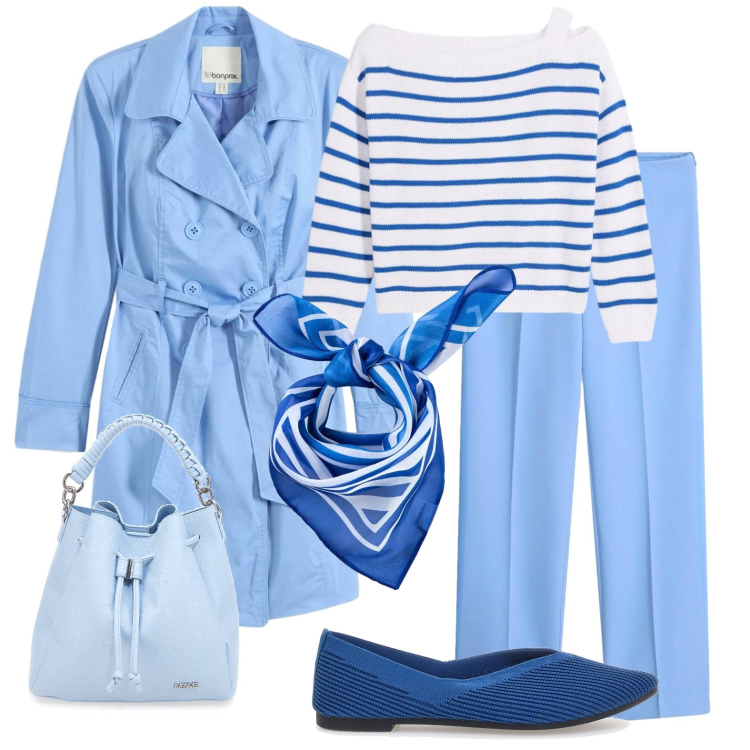 Outfit donna - Blu dipinto di blu. Stile Casual chic per Tutti i giorni. Abbinamento con foulard, trench, maglieria, pantaloni, ballerine, borse a secchiello.