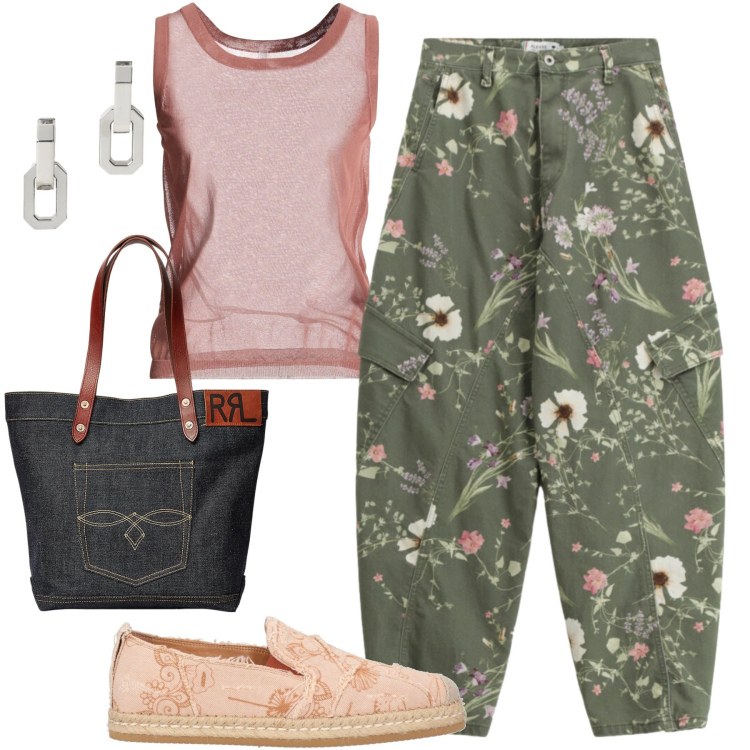 Outfit donna - Pantalone cargo floreale. Stile Casual per Tutti i giorni. Abbinamento con espadrillas, top, pantaloni cargo, borse tote, orecchini.