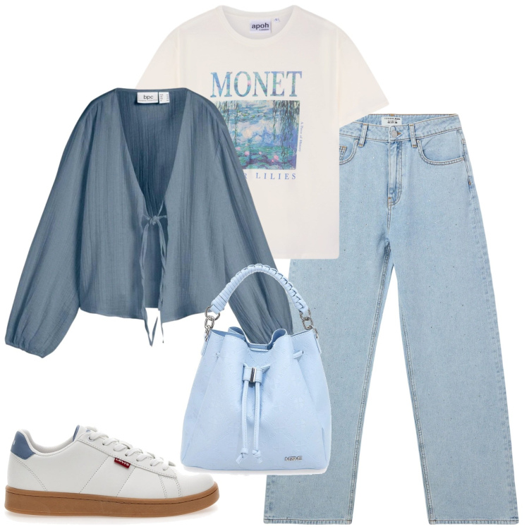 Outfit donna - Aprile. Stile Casual per Tutti i giorni. Abbinamento con blazer, t-shirt, jeans, borse a secchiello, sneakers.