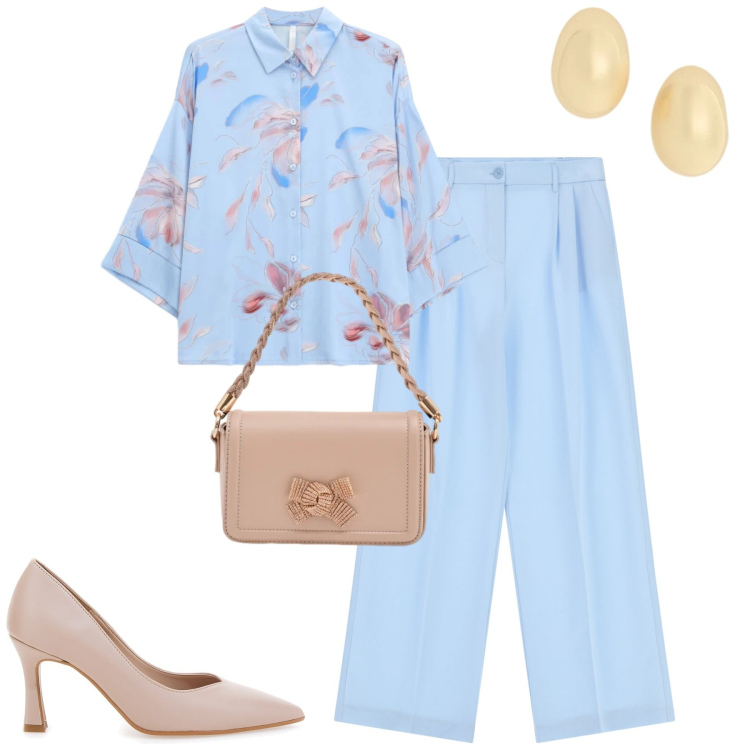 Outfit donna - Cielo. Stile Urban per Tutti i giorni. Abbinamento con pantaloni a palazzo, camicie, pochette, orecchini, décolleté.