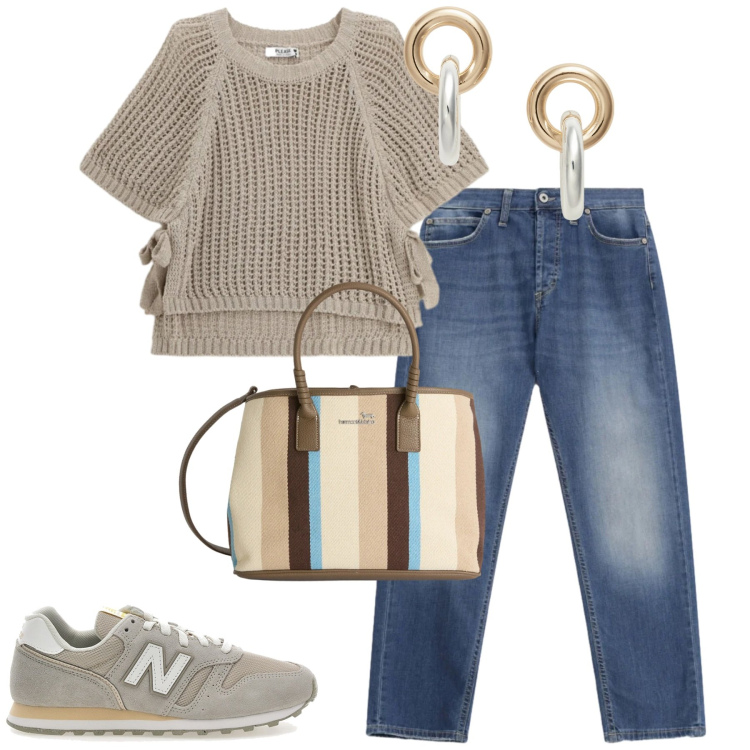 Outfit donna - Aprile. Stile Casual chic per Tutti i giorni. Abbinamento con shopping bag, jeans dritti, top, orecchini, sneakers.