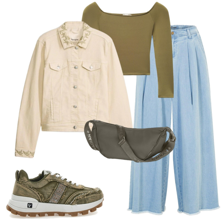 Outfit donna - Vacanze di Pasqua. Stile Casual per Scuola/Università. Abbinamento con gonne, cappotti, borse a tracolla, sneakers, t-shirt.