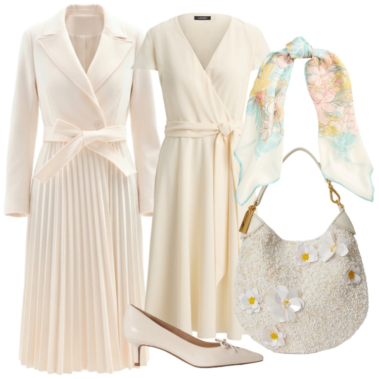 Outfit donna - Total look #2375815. Stile Chic per Cerimonia. Abbinamento con cappotti, foulard, décolleté, vestiti chemisier, pochette.