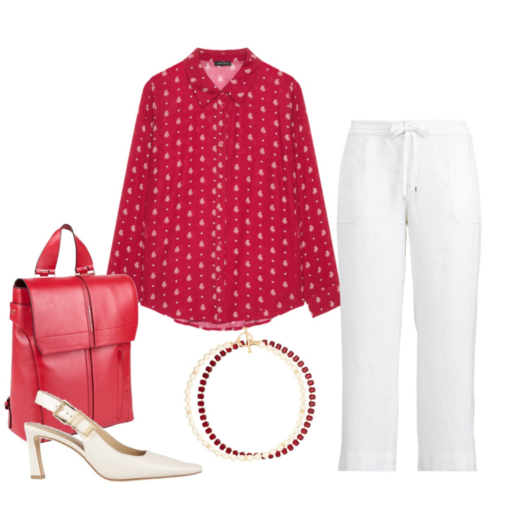 Outfit donna - Eleganza Casual in Rosso e Bianco. Stile Casual chic per Tutti i giorni. Abbinamento con zaini, décolleté, camicie, pantaloni, collane, collane.