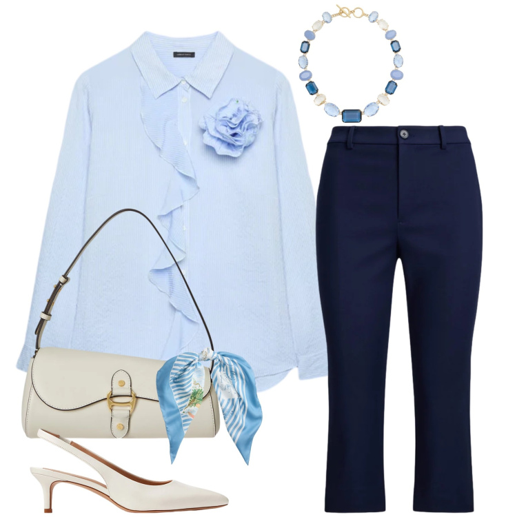 Outfit donna - Armonia Azzurra. Stile Casual chic per Tutti i giorni. Abbinamento con camicie, foulard, décolleté, pantaloni, borse a spalla, collane.