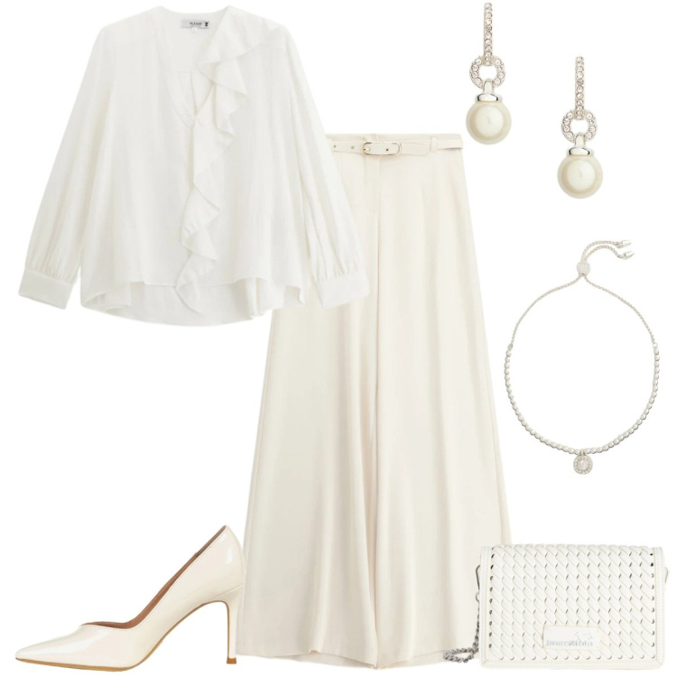 Outfit donna - Light as Cloud. Stile Romantica per Cerimonia. Abbinamento con borse a tracolla, pantaloni a palazzo, décolleté, bluse, braccialetti, orecchini.