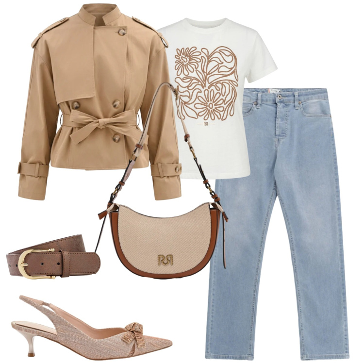 Outfit donna - Aprile. Stile Casual chic per Tutti i giorni. Abbinamento con cinture, t-shirt, borse a tracolla, décolleté, caban, jeans.
