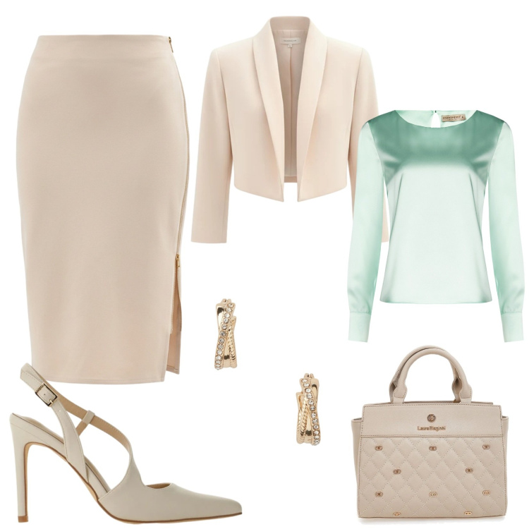 Outfit donna - Gonna midi eleganza e comfort. Stile Chic per Cerimonia. Abbinamento con décolleté, gonne longuette, bluse, bolero, orecchini, borse a mano.