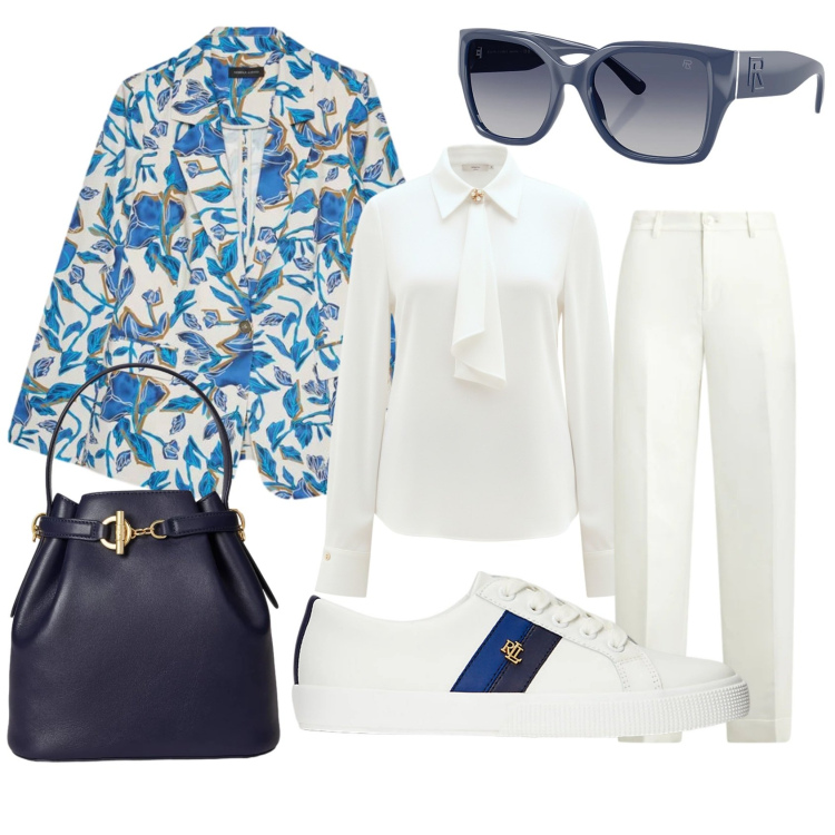 Outfit donna - Brunch primaverile. Stile Minimal per Tutti i giorni. Abbinamento con blazer, camicie, sneakers, occhiali da sole, pantaloni, borse a secchiello.