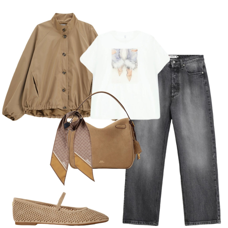 Outfit donna - Aprile. Stile Casual chic per Tutti i giorni. Abbinamento con sciarpe, jeans, bomber, t-shirt, borse a mano, ballerine.