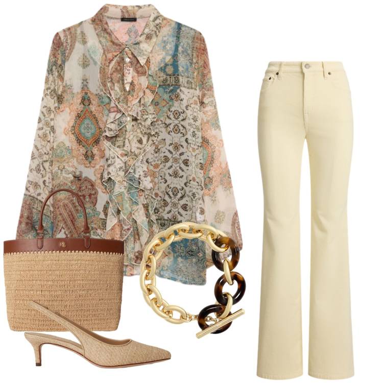 Outfit donna - Chic Bohémien. Stile Boho per Tutti i giorni. Abbinamento con camicie, pantaloni, borse tote, décolleté, braccialetti.