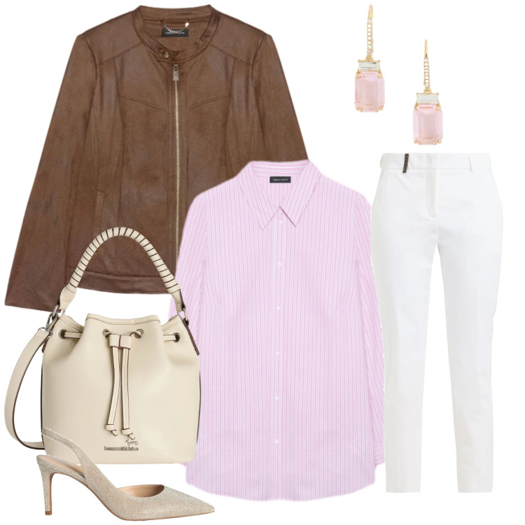 Outfit donna - Grinta e Dolcezza. Stile Casual chic per Tutti i giorni. Abbinamento con décolleté, pantaloni, blazer, camicie, borse a secchiello, orecchini.