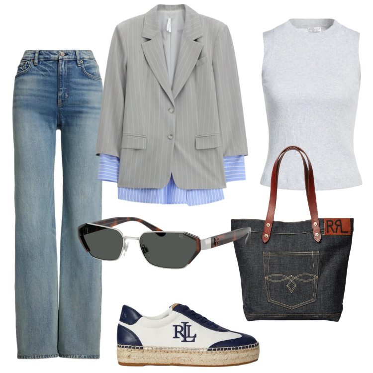 Outfit donna - Grigio in primavera. Stile Casual per Tutti i giorni. Abbinamento con top, blazer, borse tote, jeans, sneakers, occhiali da sole.