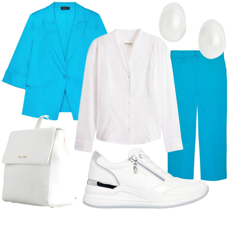 Outfit donna - Lampi di colore. Stile Sporty chic per Tutti i giorni. Abbinamento con zaini, camicie, blazer, pantaloni, orecchini, sneakers alte.