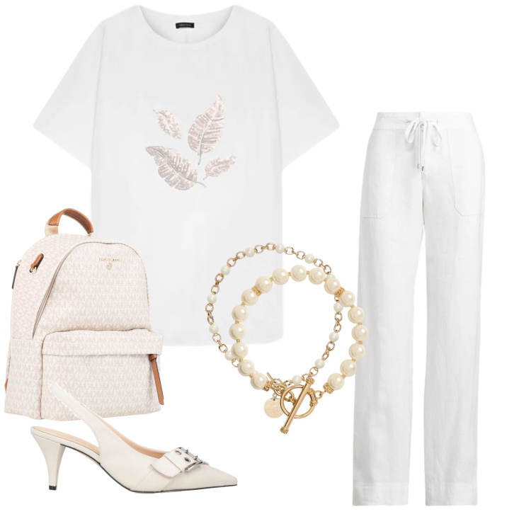 Outfit donna - Bianco Urbano. Stile Casual chic per Tutti i giorni. Abbinamento con zaini, décolleté, t-shirt, collane, pantaloni, collane.