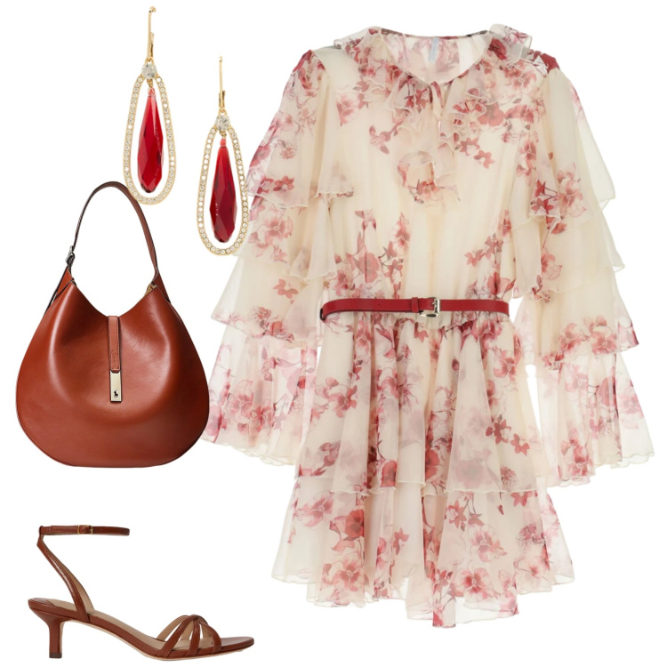 Outfit donna - Sofisticata. Stile Urban per Tutti i giorni. Abbinamento con vestiti corti, borse a spalla, orecchini, sandali in pelle.