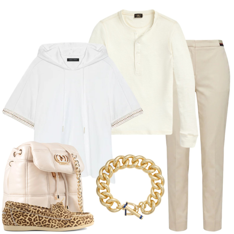 Outfit donna - Safari Urbano. Stile Casual chic per Tutti i giorni. Abbinamento con valigie, t-shirt, pantaloni chino, braccialetti, t-shirt, mocassini.