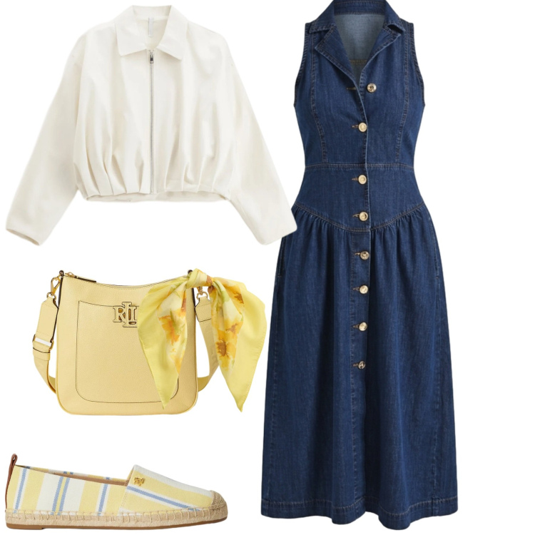 Outfit donna - Denim. Stile Casual chic per Tutti i giorni. Abbinamento con bomber, vestiti chemisier, borse a tracolla, espadrillas, foulard.