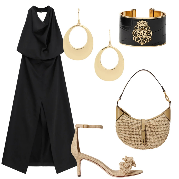 Outfit donna - Imperial 2026. Stile Chic per Serata fuori. Abbinamento con vestiti lunghi, borse a spalla, braccialetti, orecchini, sandali in pelle.