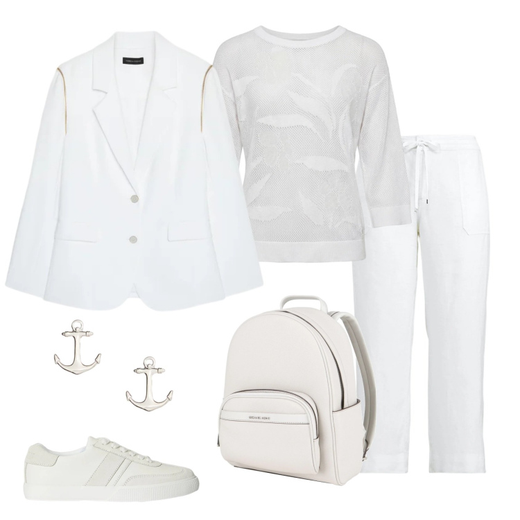 Outfit donna - Total look #2375852. Stile Casual chic per Ufficio. Abbinamento con zaini, blazer, pullovers, pantaloni, sneakers, orecchini.